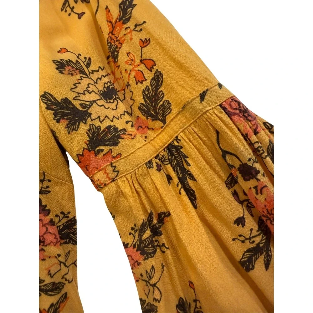 Free‎ People Marigold Yellow Floral Bell Sleeve Henley Tunic Blouse Top Womens M